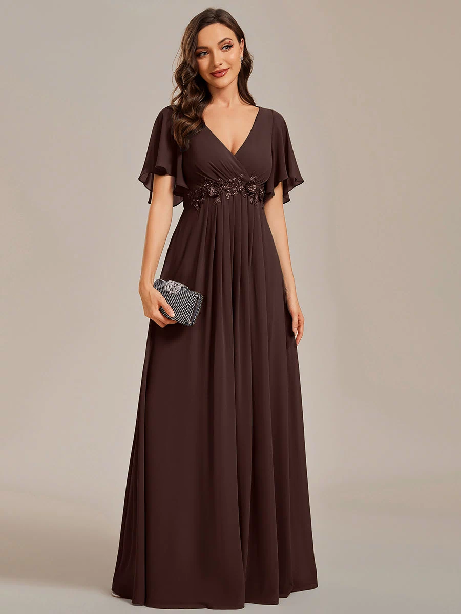 Applique Chiffon Ruffle Sleeve Evening Dress #color_Chocolate  Brown