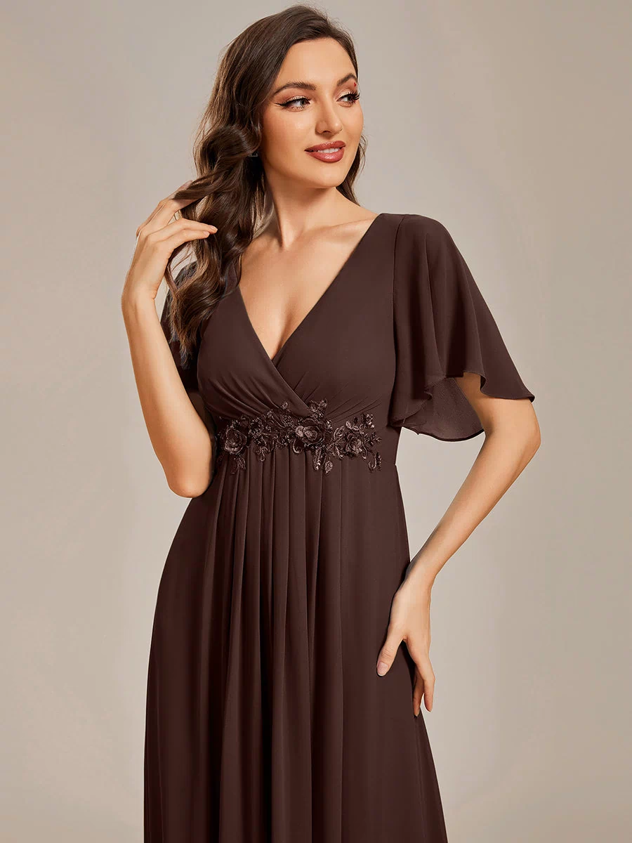 Applique Chiffon Ruffle Sleeve Evening Dress #color_Chocolate  Brown