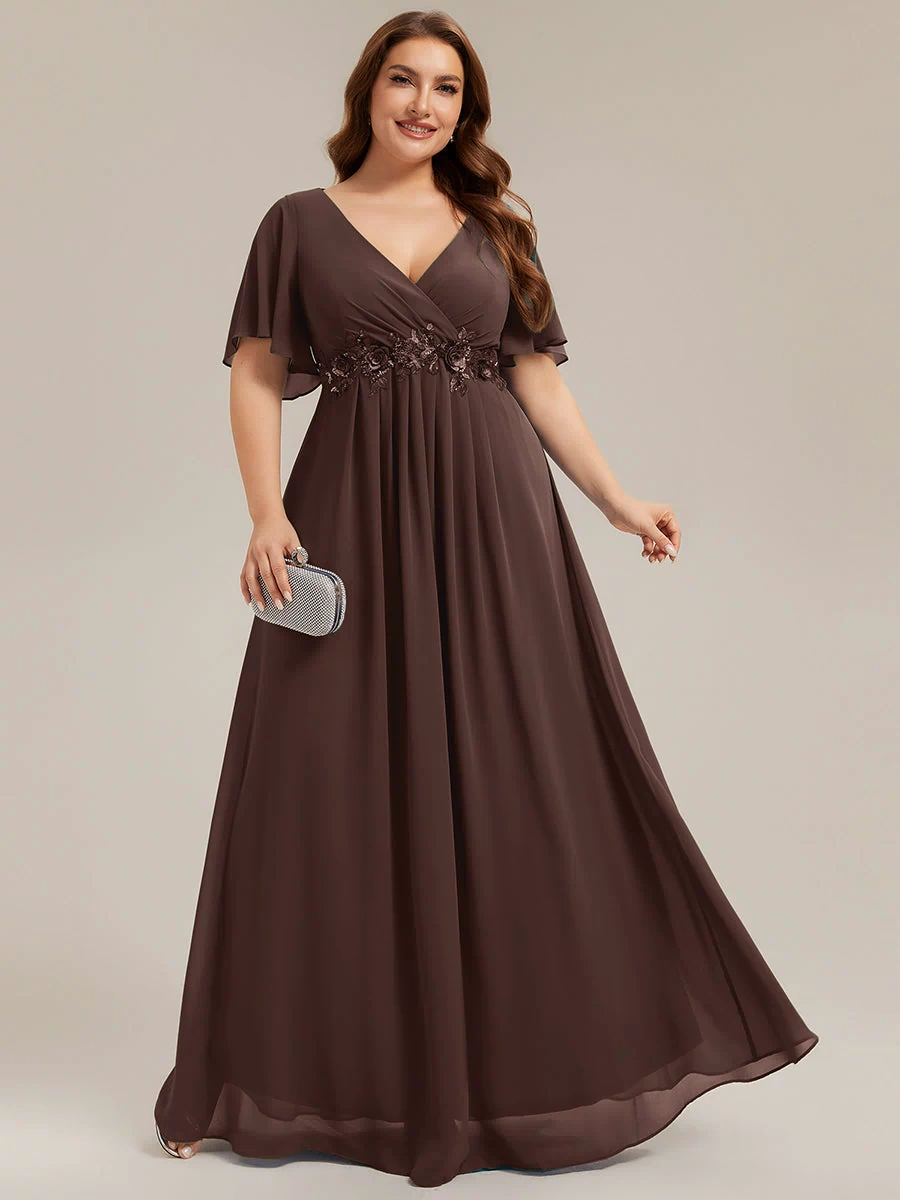Applique Chiffon Ruffle Sleeve Evening Dress #color_Chocolate  Brown
