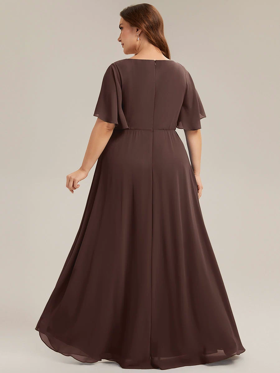 Applique Chiffon Ruffle Sleeve Evening Dress #color_Chocolate  Brown