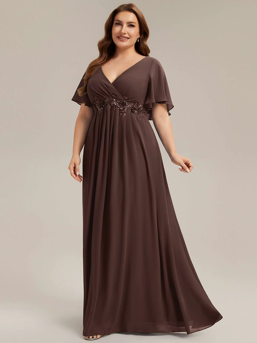 Applique Chiffon Ruffle Sleeve Evening Dress #color_Chocolate  Brown