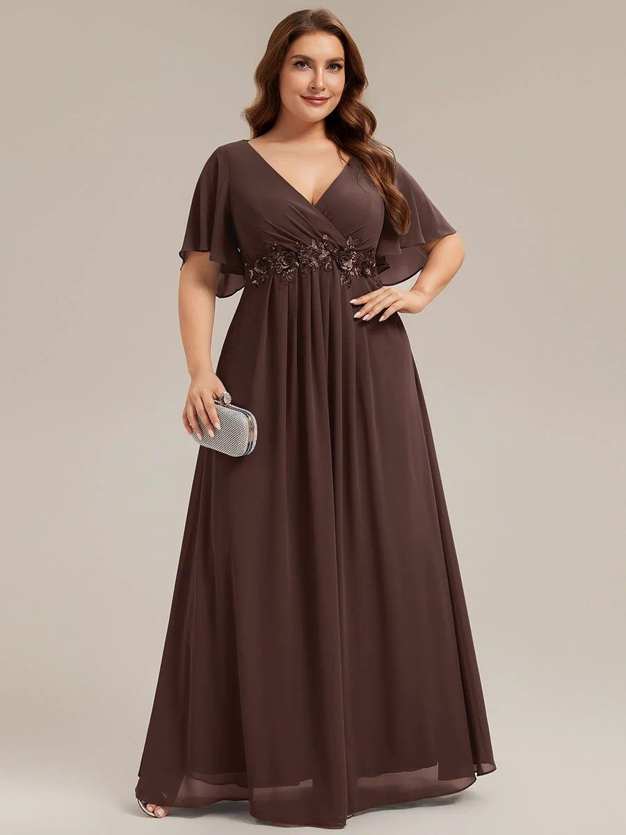 Applique Chiffon Ruffle Sleeve Evening Dress #color_Chocolate  Brown
