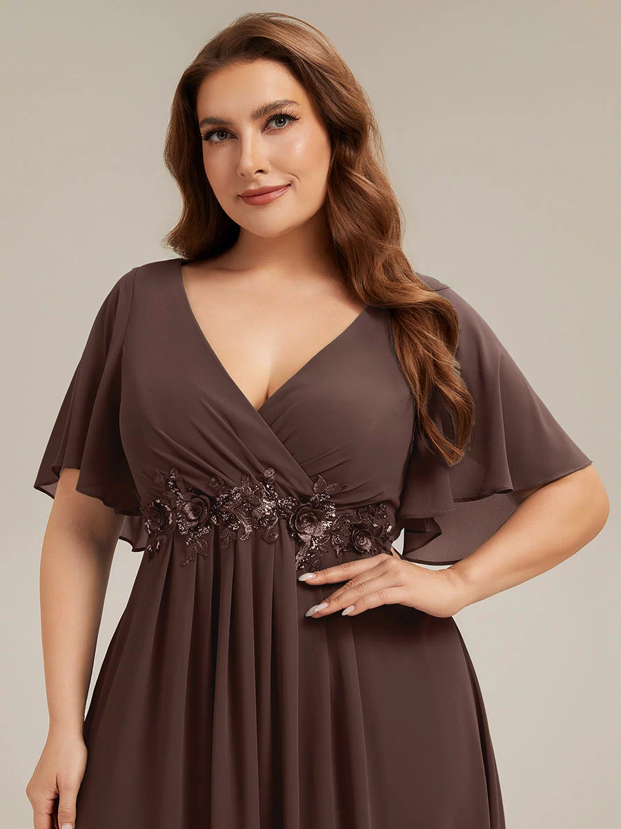 Applique Chiffon Ruffle Sleeve Evening Dress #color_Chocolate  Brown