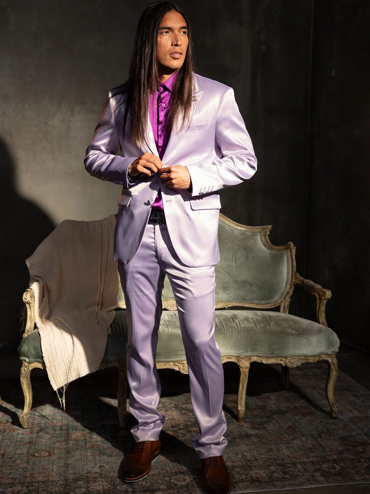 Barabas Men's Solid Color Satin Metallic Peak Lapel Blazer 6BL1010 #Color_Baby Lavender