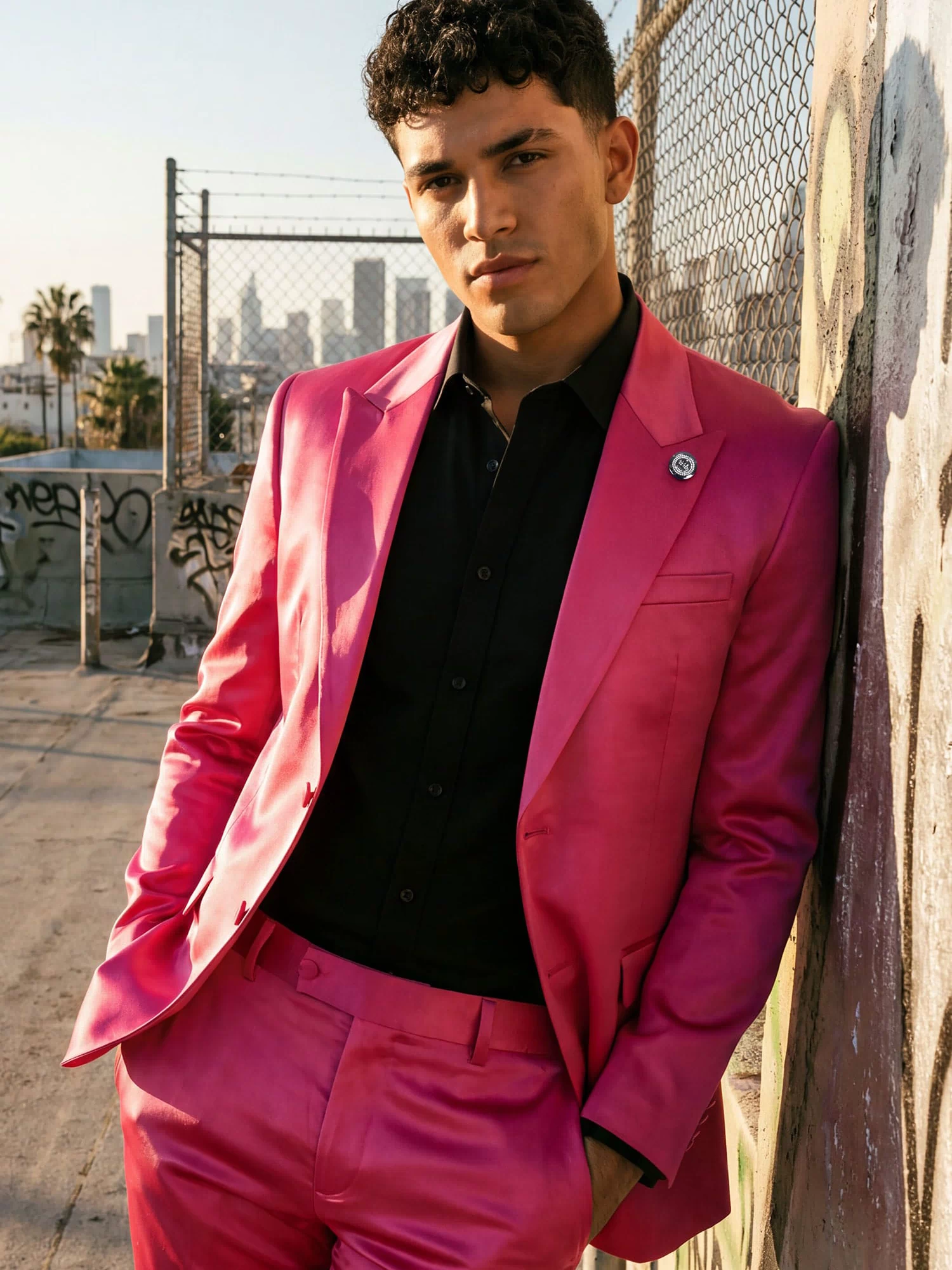 Barabas Men's Solid Color Satin Metallic Peak Lapel Blazer 6BL1010 #Color_Fuchsia