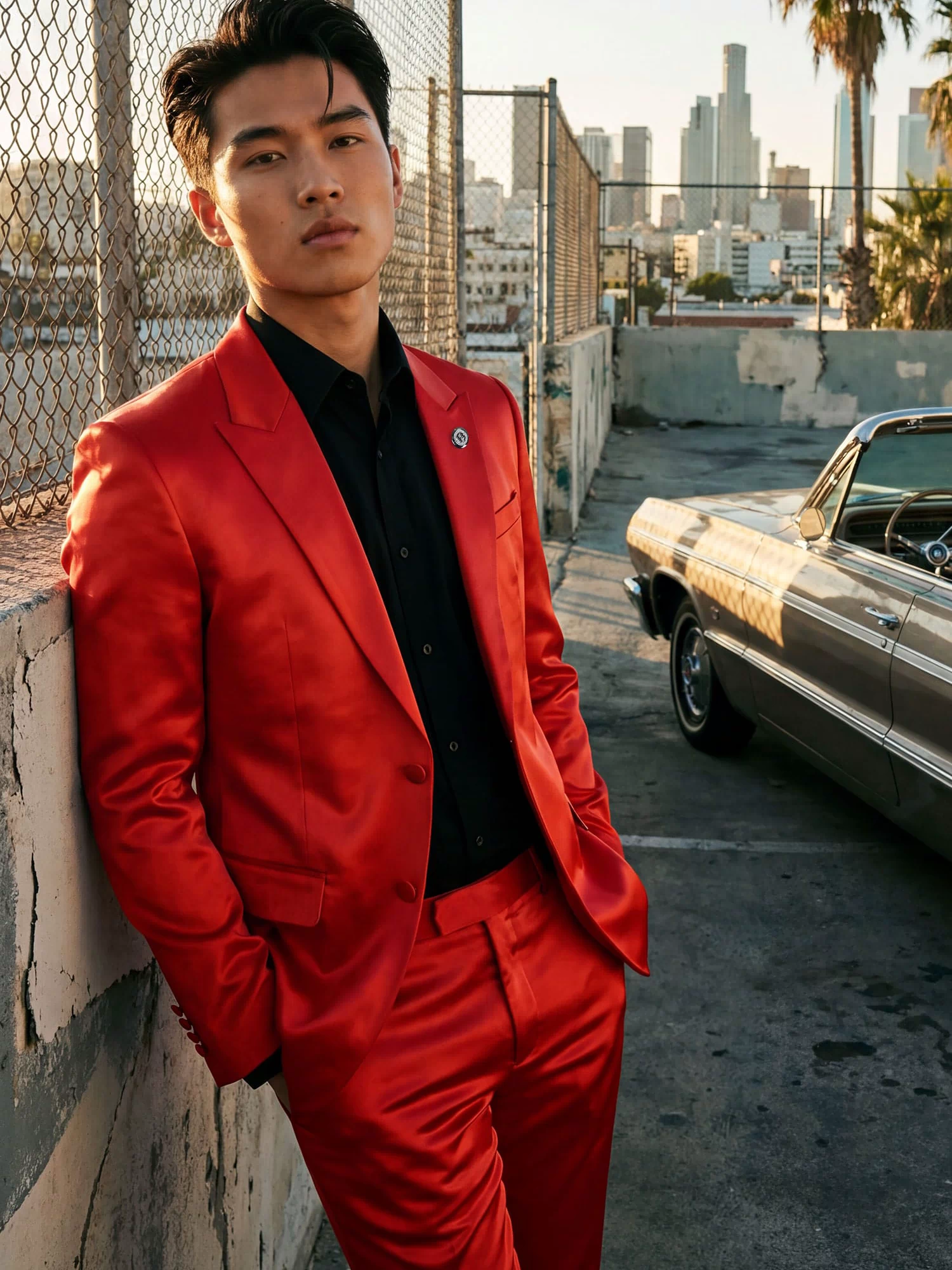 Barabas Men's Solid Color Satin Metallic Peak Lapel Blazer 6BL1010 #Color_Poppy Red
