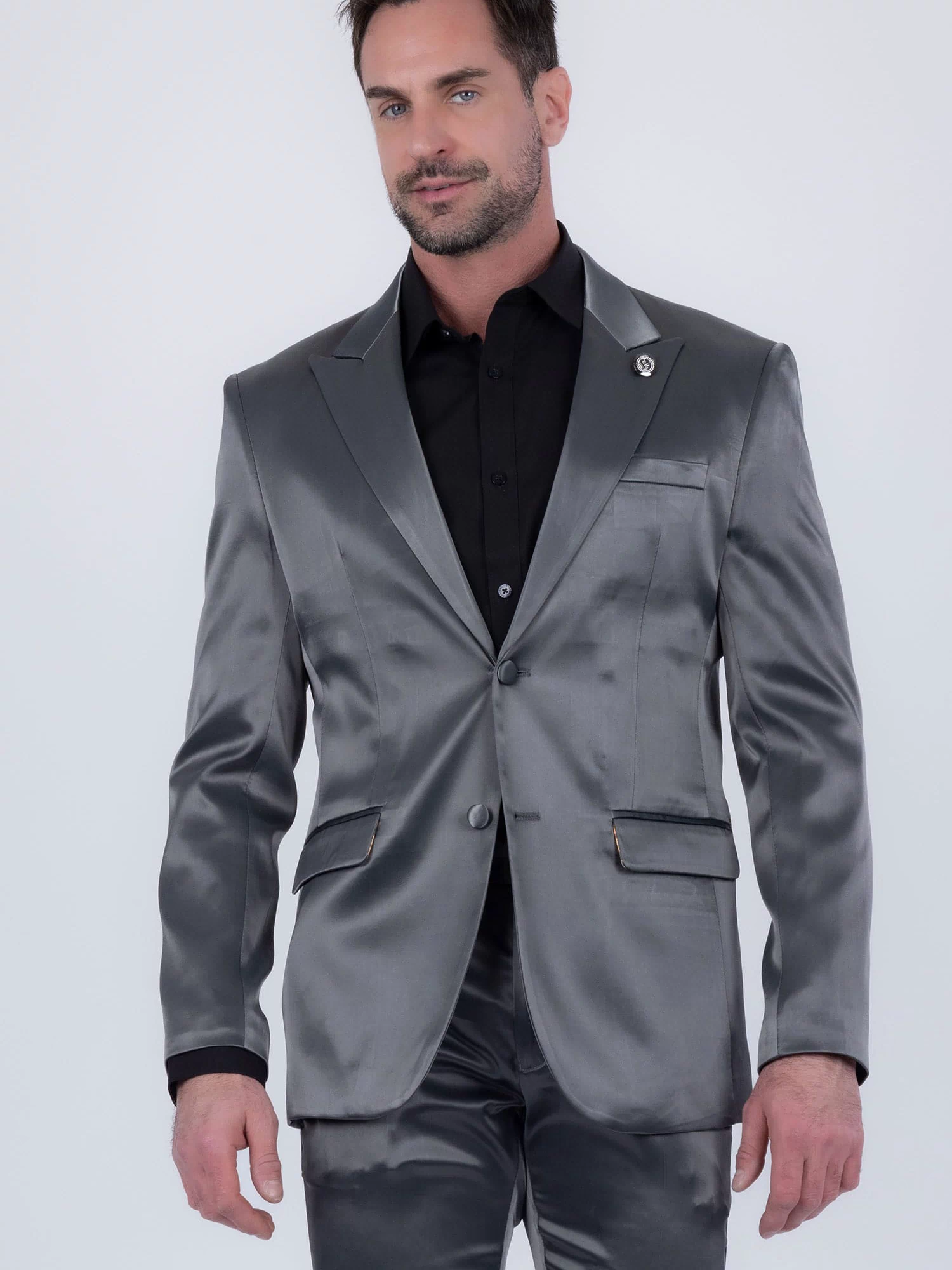 Barabas Men's Solid Color Satin Metallic Peak Lapel Blazer 6BL1010 #Color_Charcoal