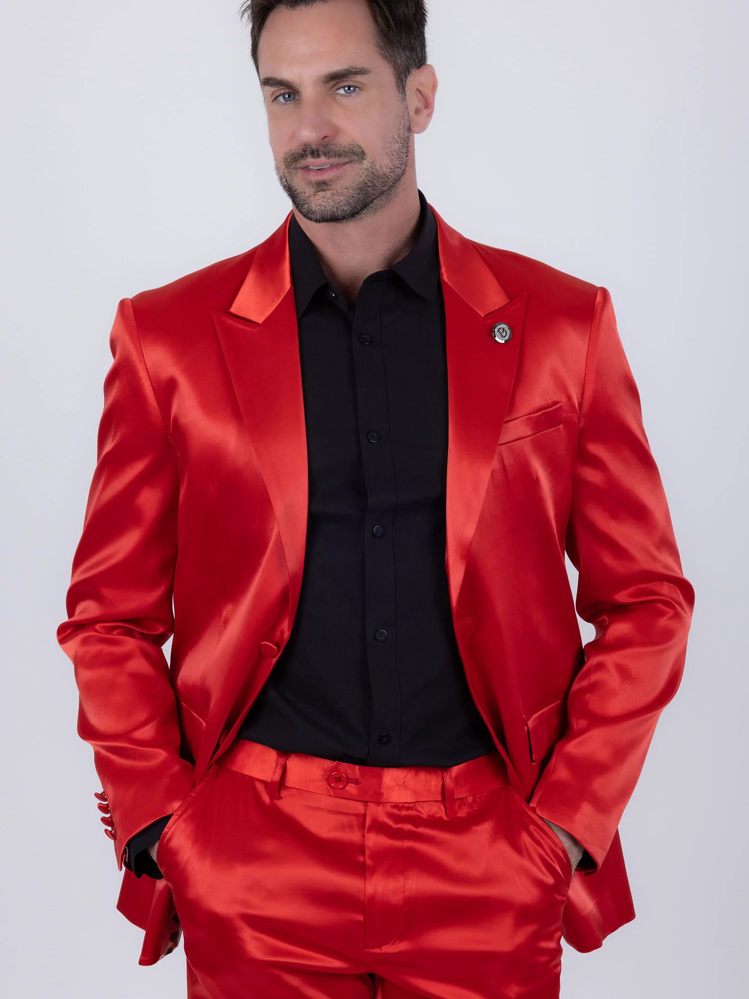 Barabas Men's Solid Color Satin Metallic Peak Lapel Blazer 6BL1010 #Color_Poppy Red