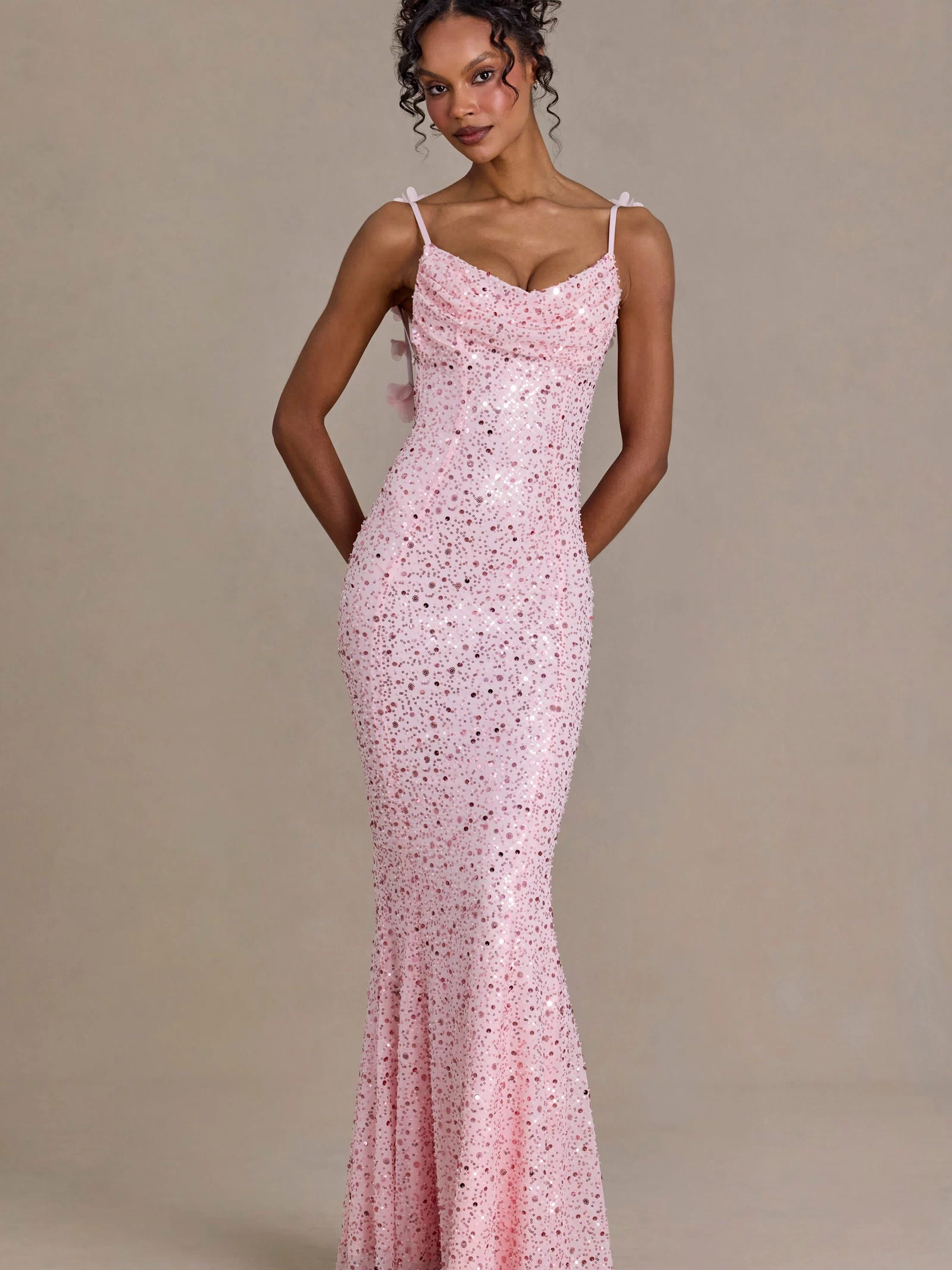 Embellished Open-Back Maxi Dress in Baby Pink