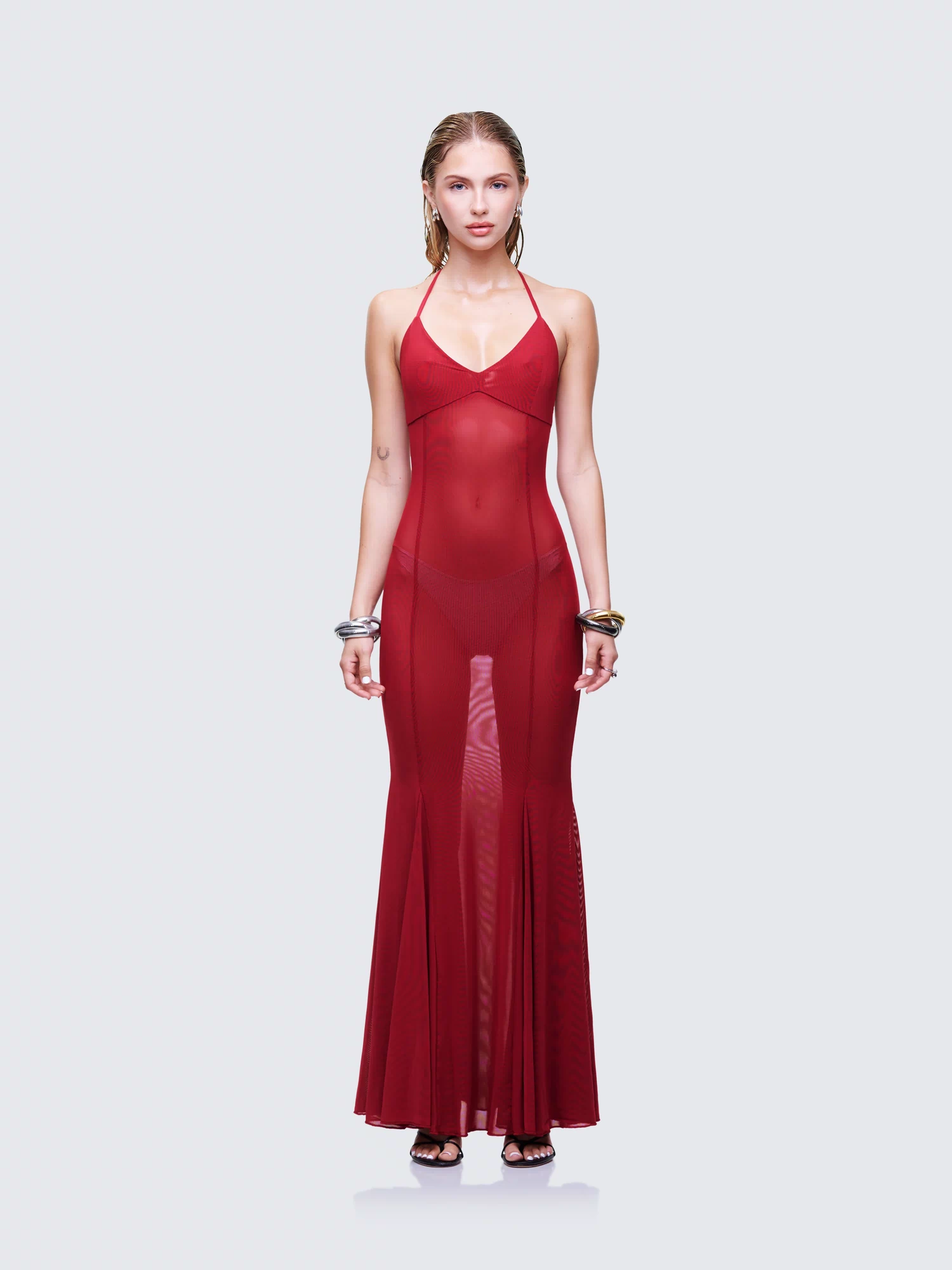 Women's red maxi dress front view – FINESSE