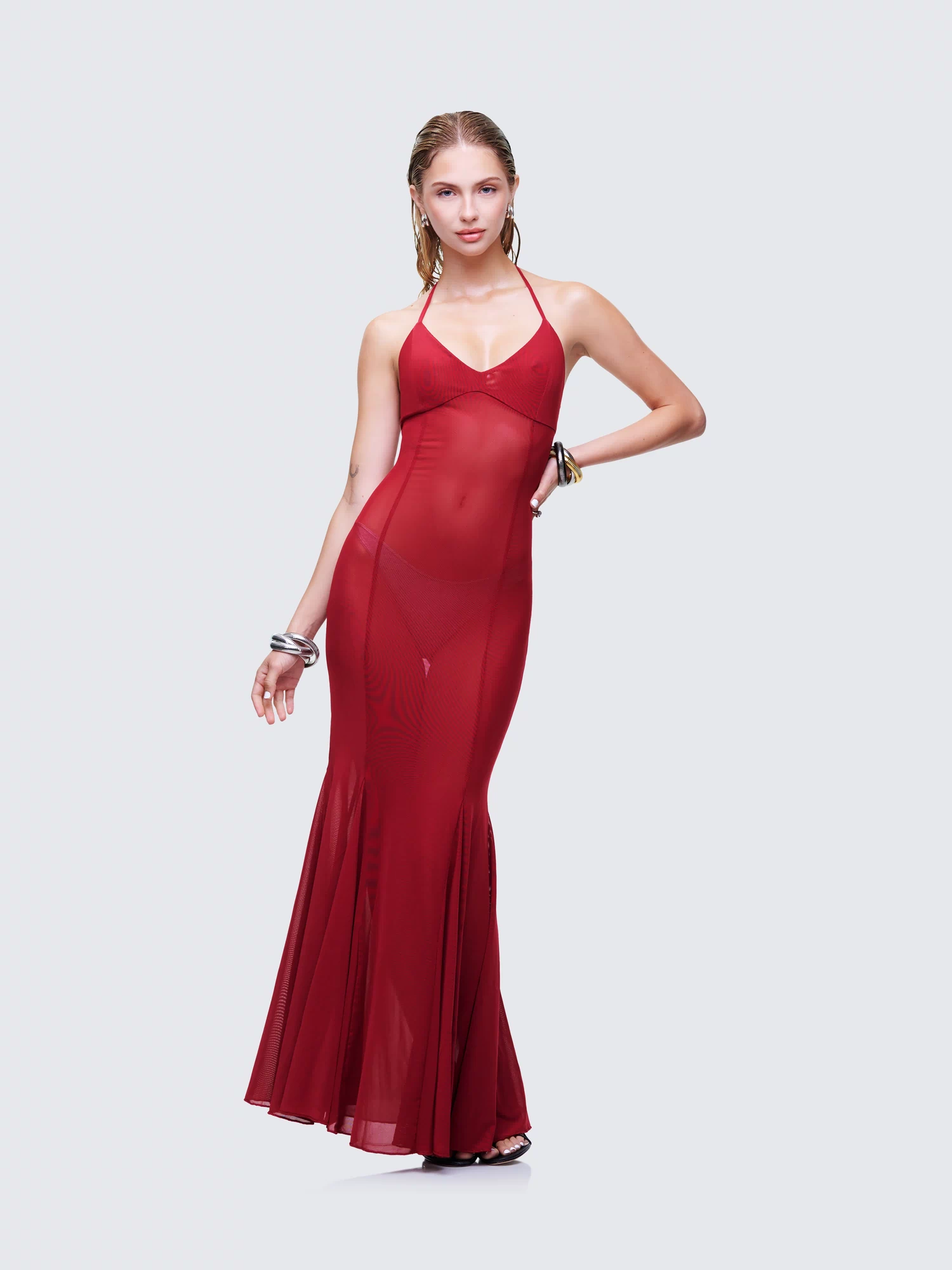 Women's red maxi dress styled on model – FINESSE
