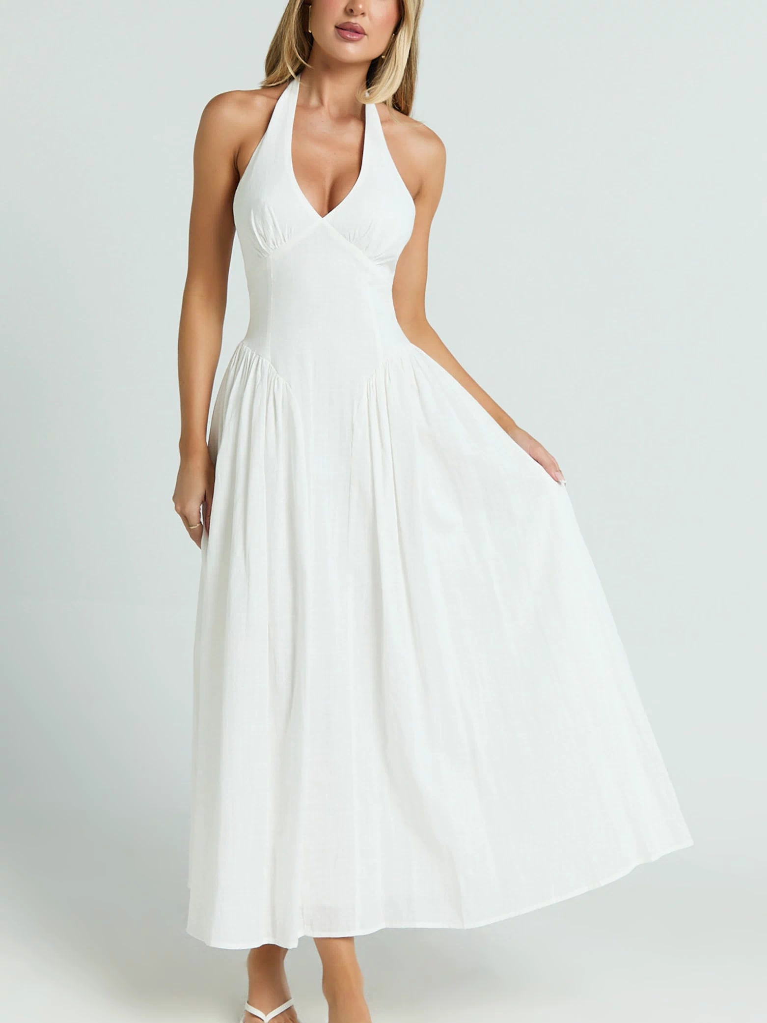 Athena Midi Dress - Halter Drop Waist Dress in White