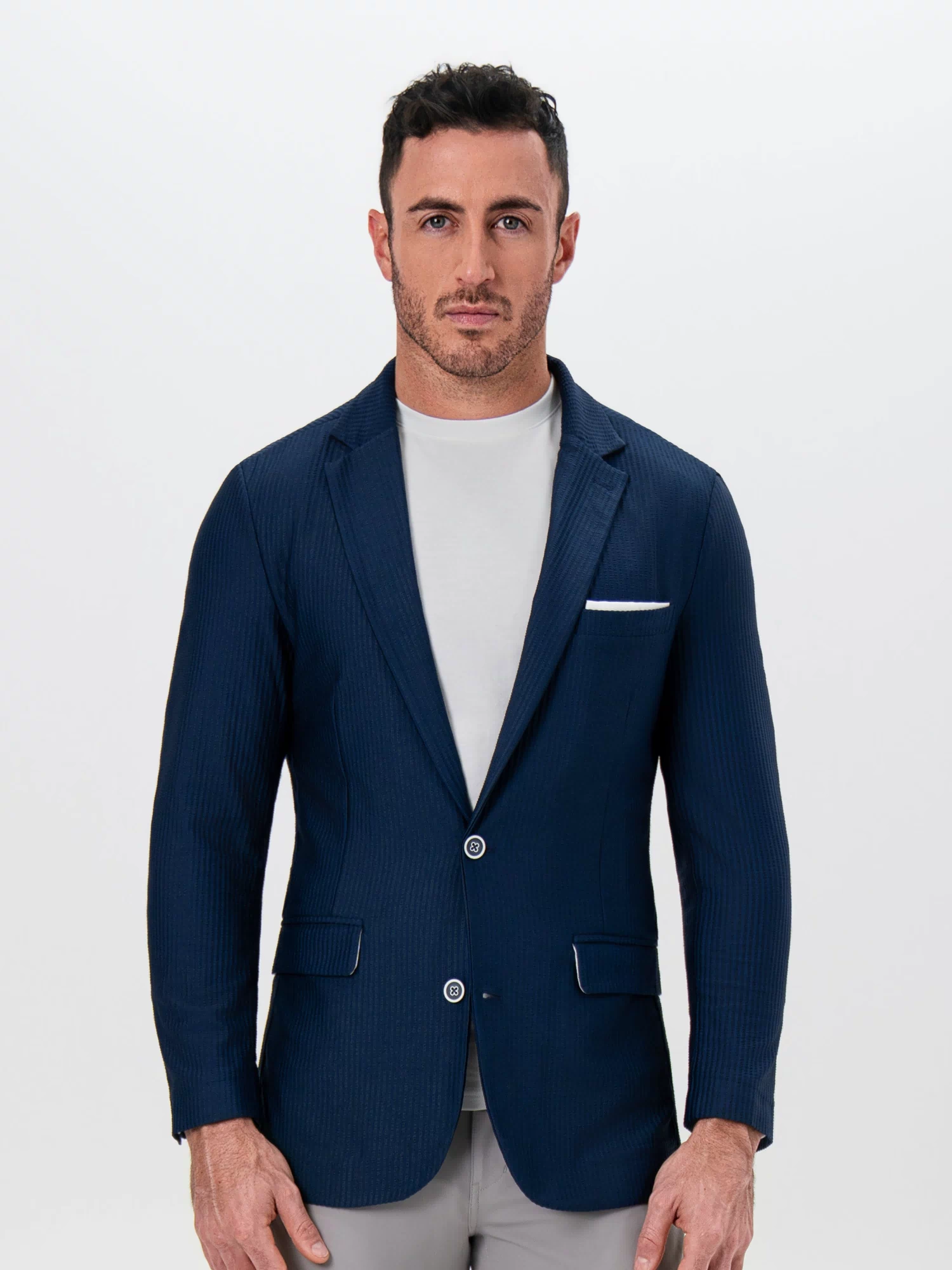 Athletic Fit Stretch Blazer - Navy Seersucker