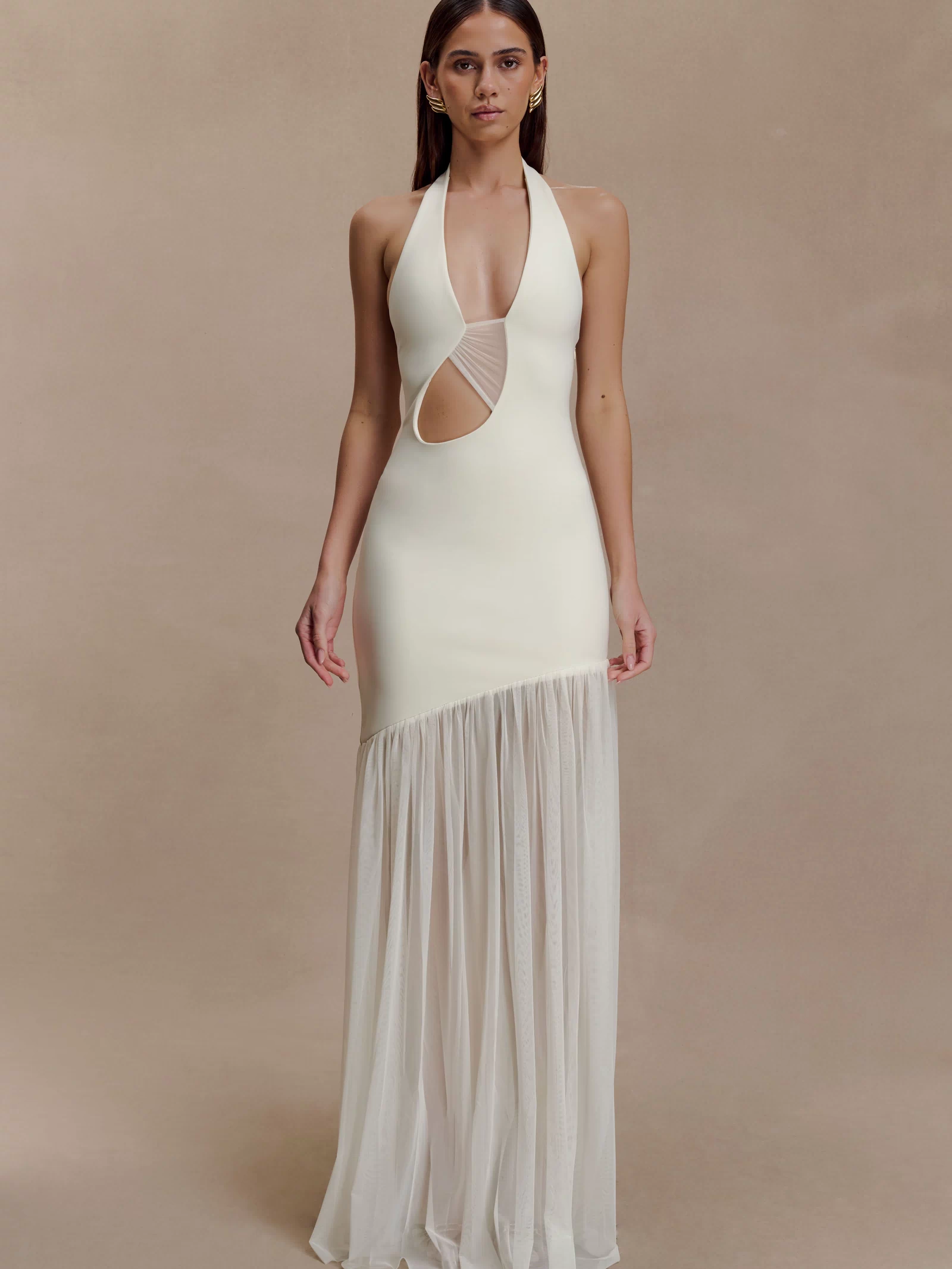 Aubree Crepe And Mesh Maxi Dress - Ivory