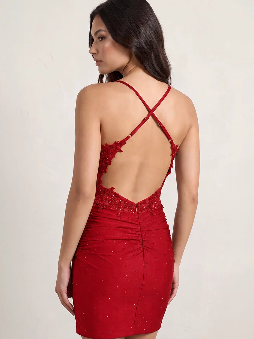 Red Spaghetti Straps Cross Back Bodycon Short Mini Homecoming Dresses (2) | KISSPROM