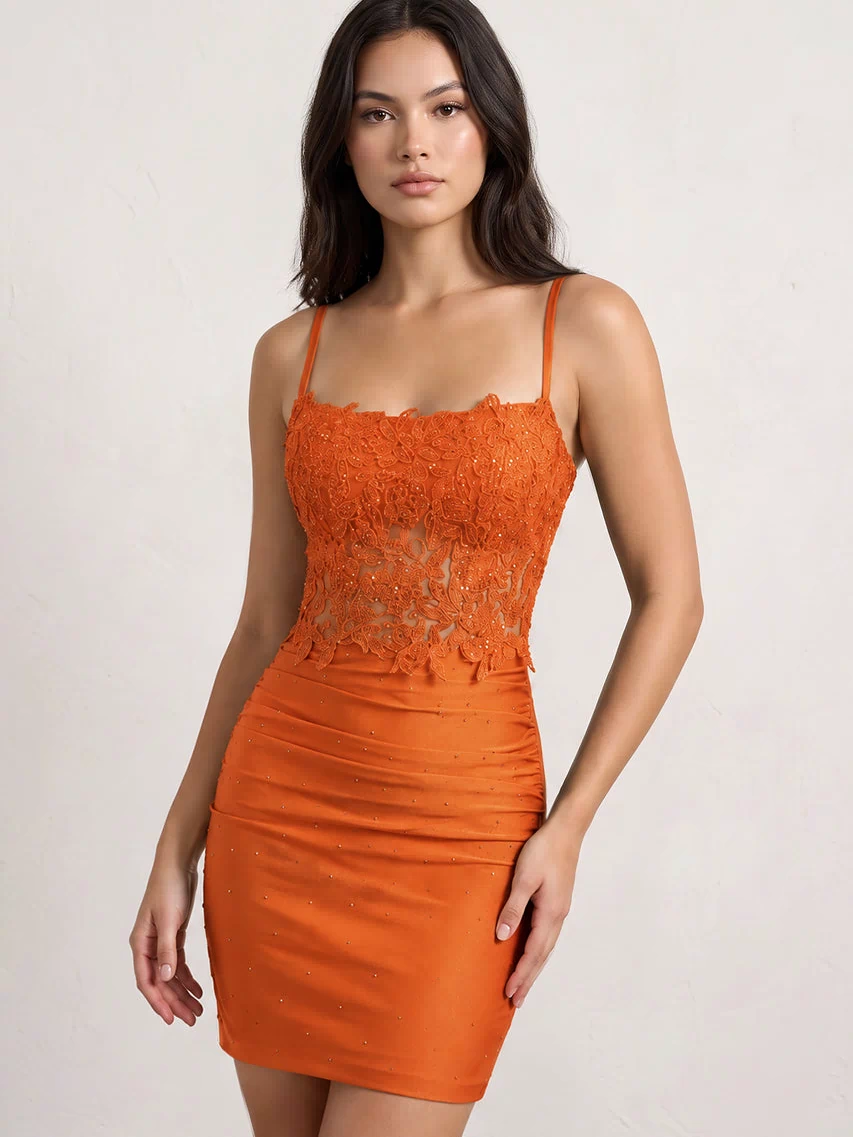 Orange Spaghetti Straps Cross Back Bodycon Short Mini Homecoming Dresses | KISSPROM