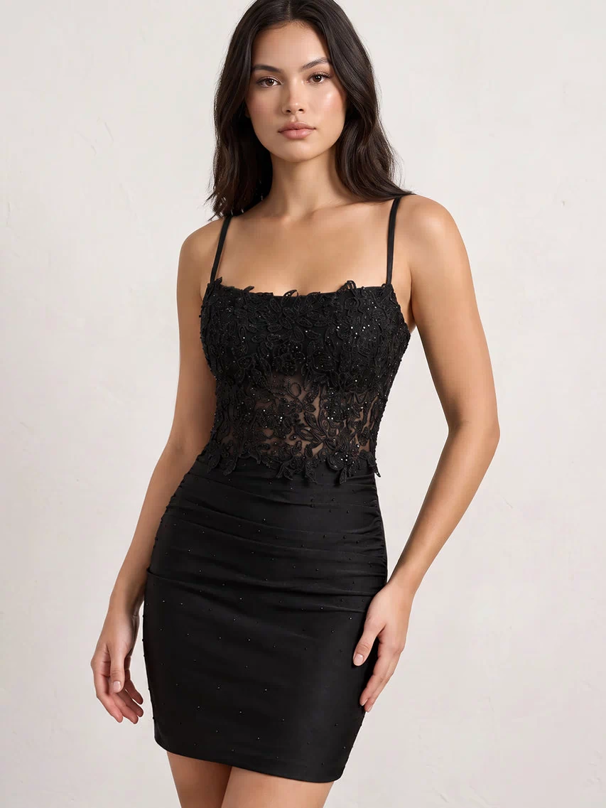 Black Spaghetti Straps Cross Back Bodycon Short Mini Homecoming Dresses | KISSPROM