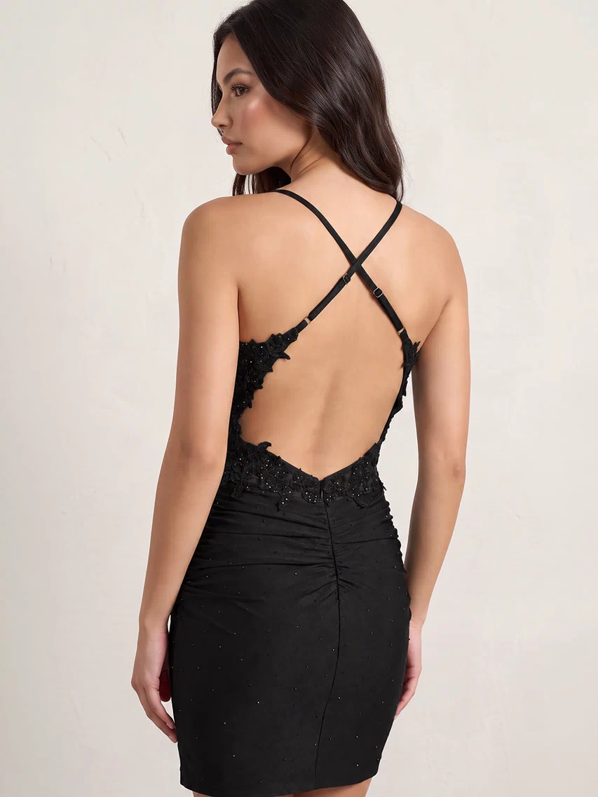 Black Spaghetti Straps Cross Back Bodycon Short Mini Homecoming Dresses (2) | KISSPROM