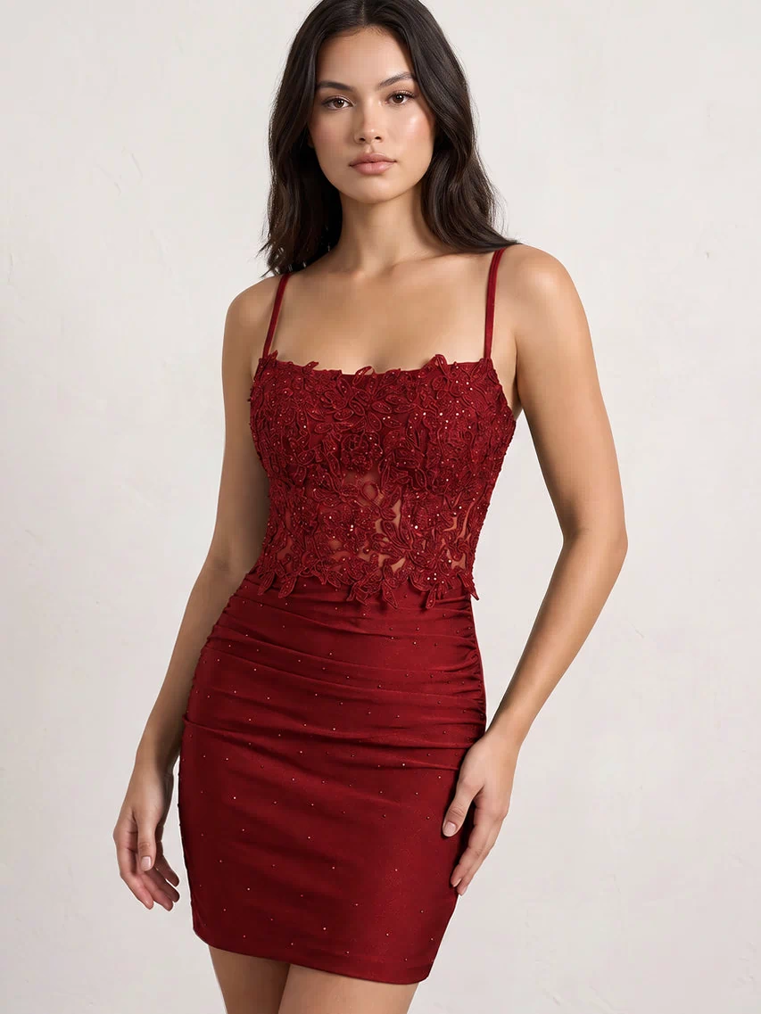 Burgundy Spaghetti Straps Cross Back Bodycon Short Mini Homecoming Dresses | KISSPROM