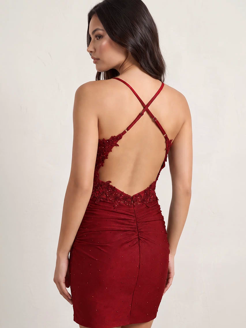 Burgundy Spaghetti Straps Cross Back Bodycon Short Mini Homecoming Dresses (2) | KISSPROM