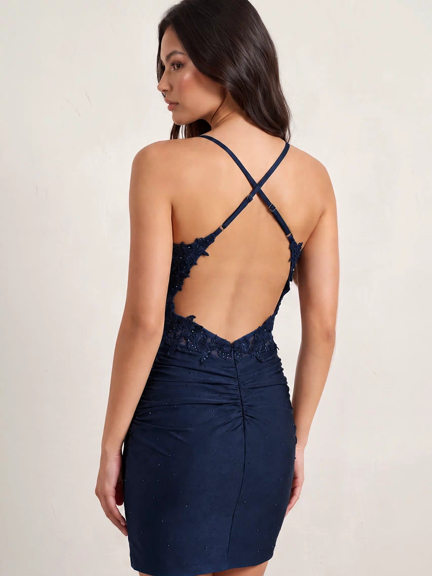 Navy Blue Spaghetti Straps Cross Back Bodycon Short Mini Homecoming Dresses (2) | KISSPROM