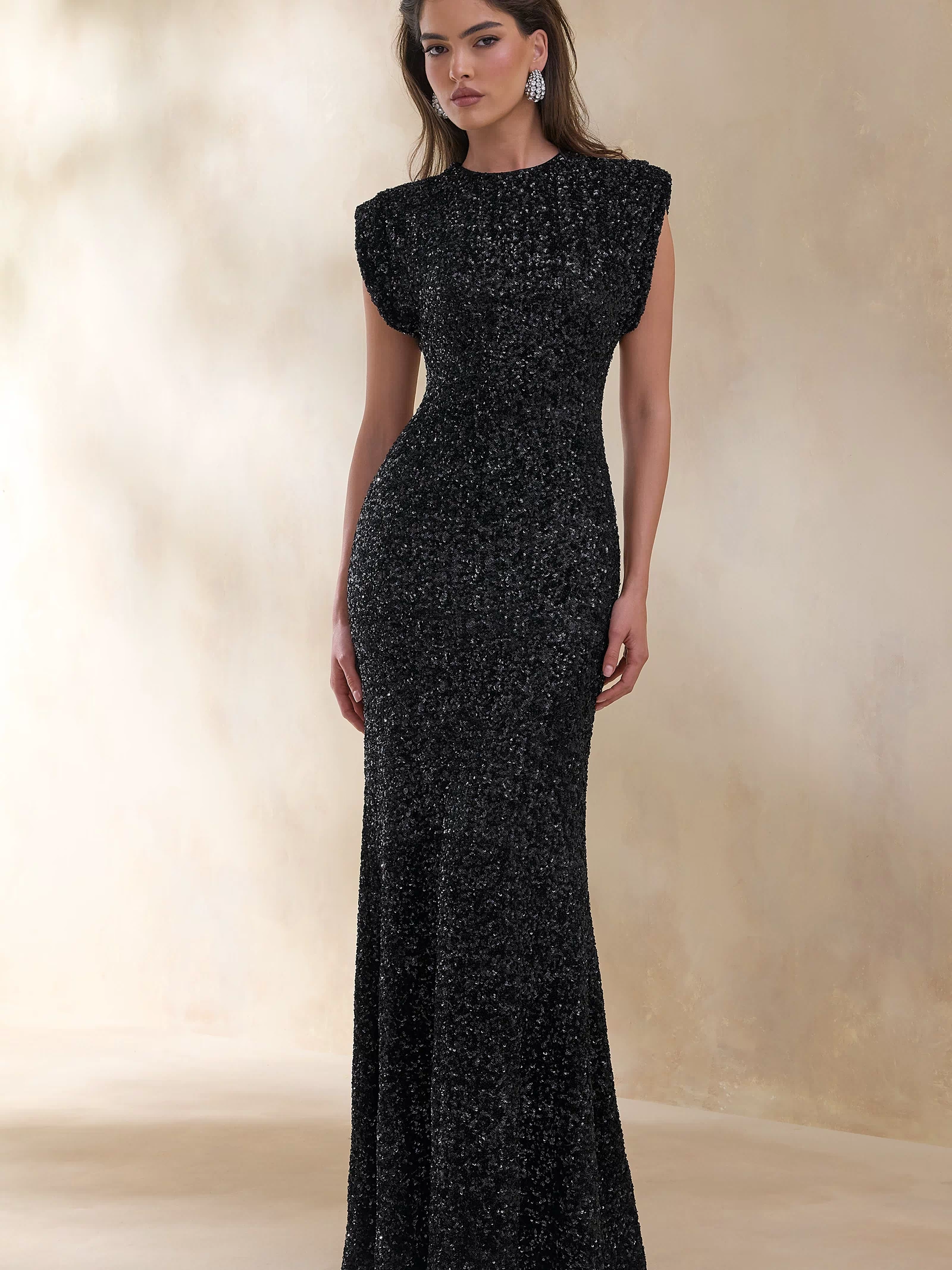 Aurah | Black Sequin Crew-Neck Maxi Dress With Cap Sleeves