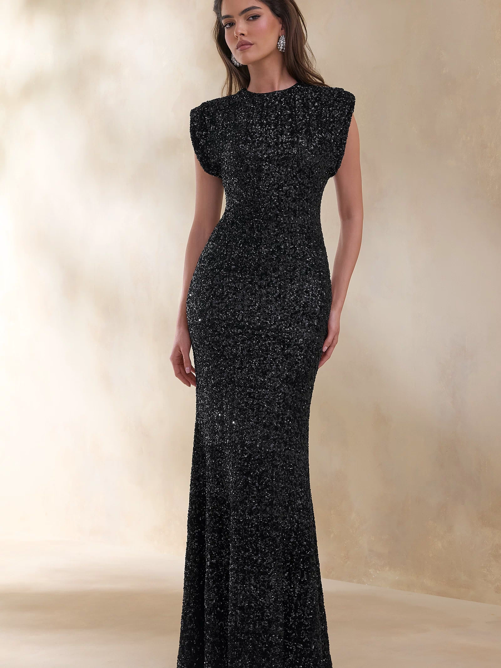ECM_HR_CL136685002 Aurah | Black Sequin Crew-Neck Maxi Dress With Cap Sleeves 0.jpg