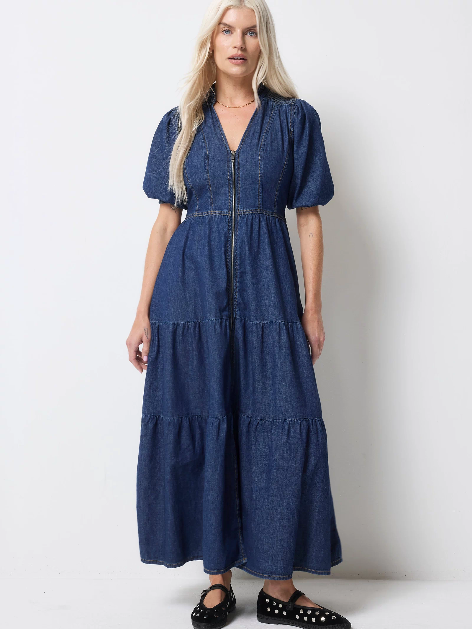 Authentic Indigo Zip Detail Tiered Midi Denim Dress