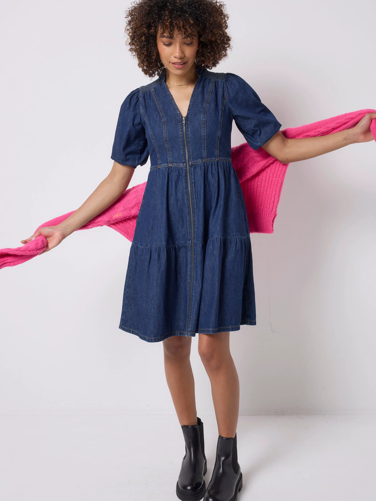 Authentic Indigo Zip Detail Tiered Short Denim Dress
