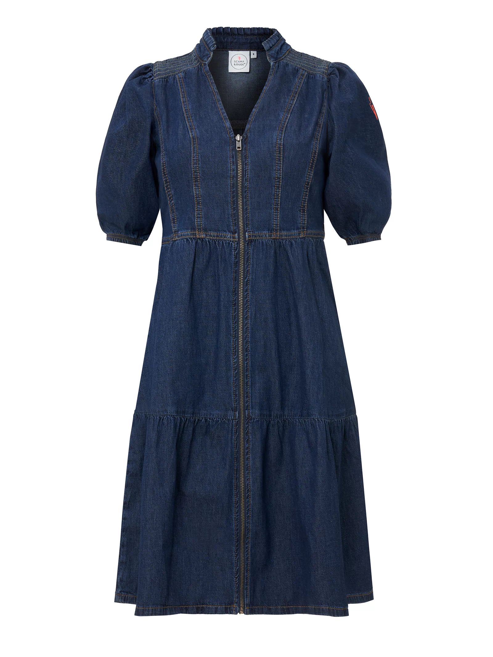 Scamp and Dude Authentic Indigo Zip Detail Tiered Short Denim Dress | Product image of Authentic Indigo Zip Detail Tiered Short Denim Dress on white background
