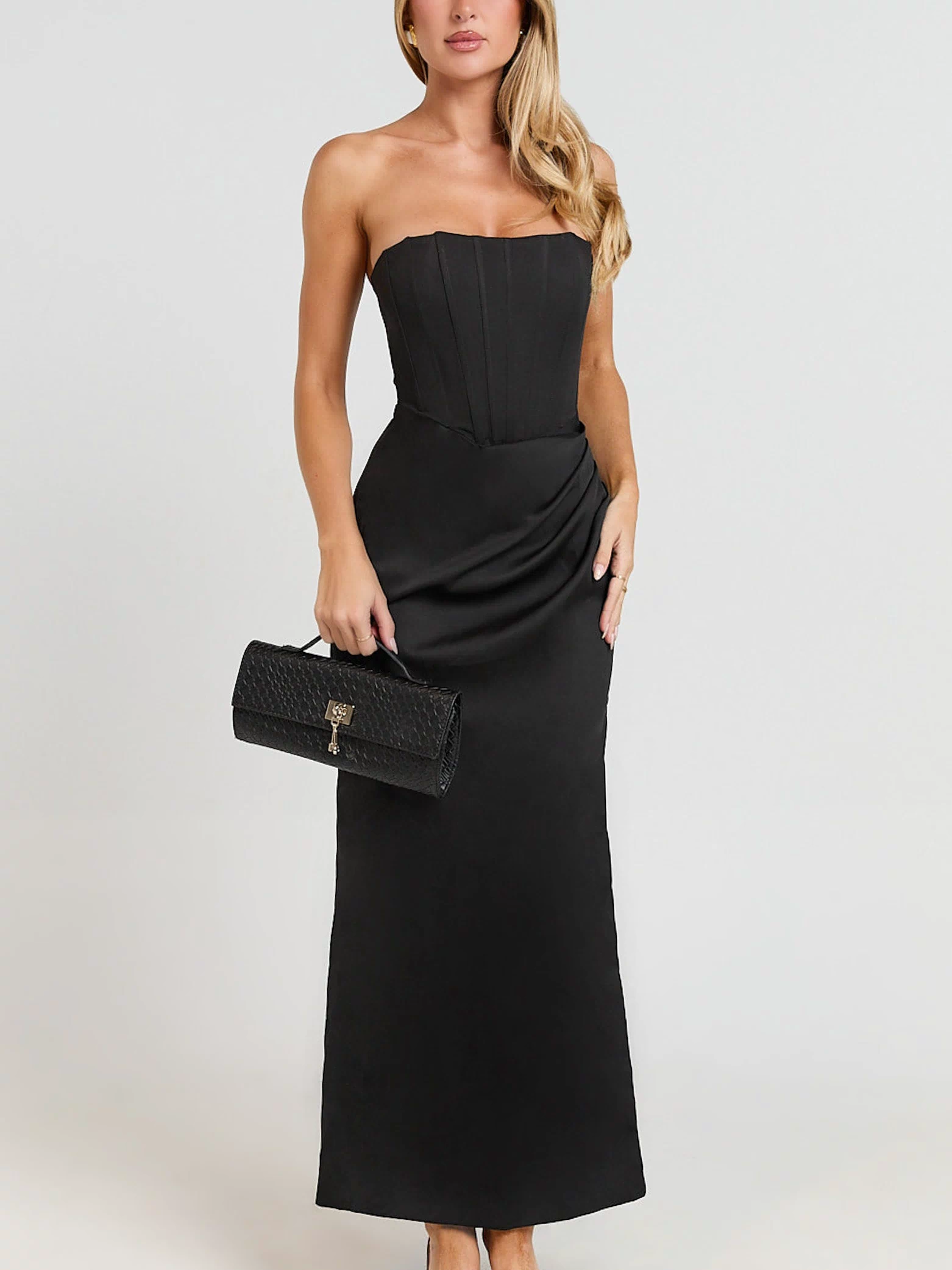 Avery Midi Dress - Strapless Draped Side Split Dress in Black