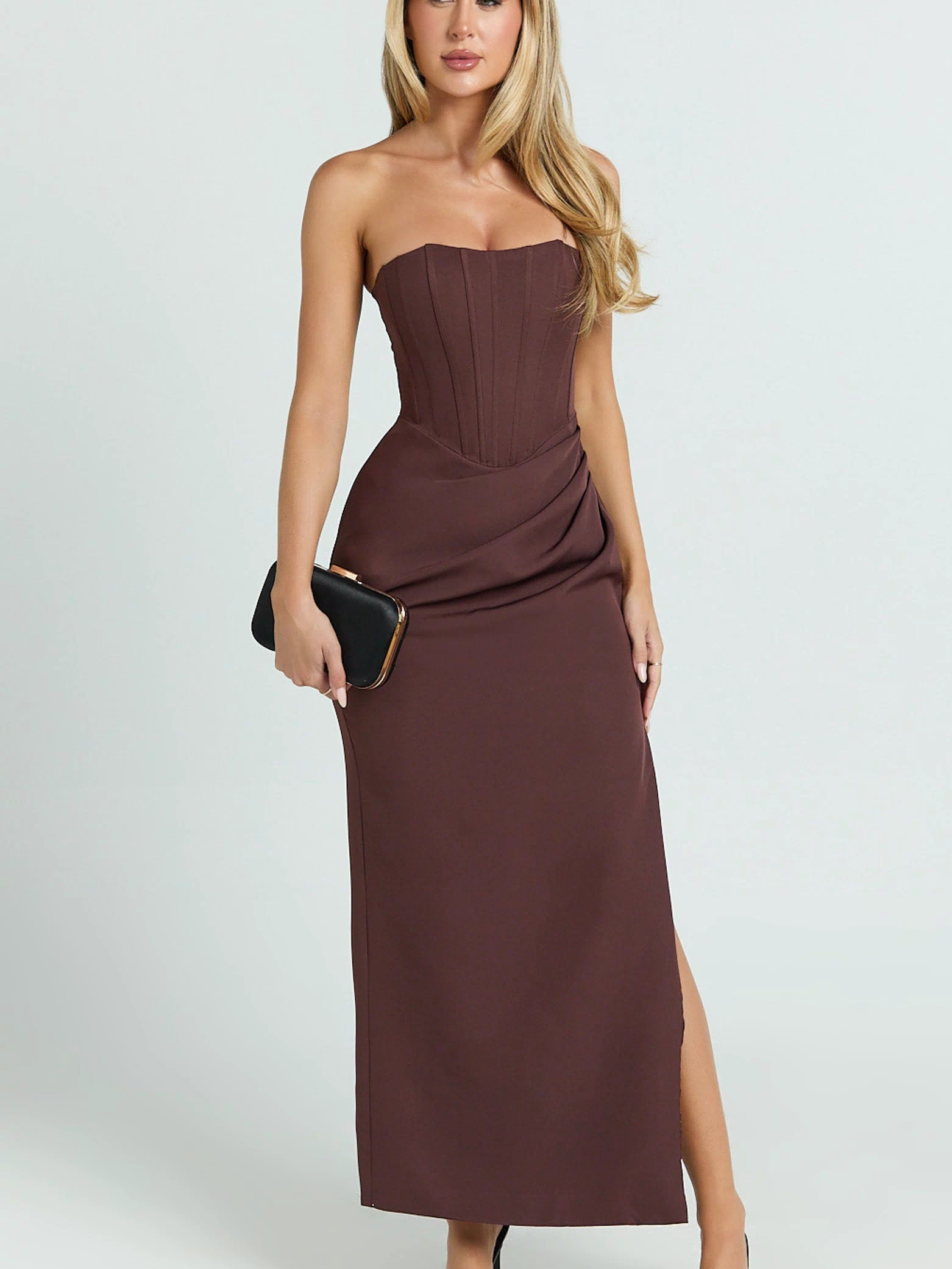 Avery Midi Dress - Strapless Draped Side Split Dress in Chocolate