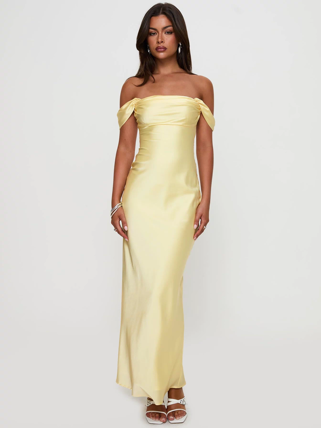 front view of model wearing Princess Polly Azura Off The Shoulder Maxi Dress Yellow Straight Neck 