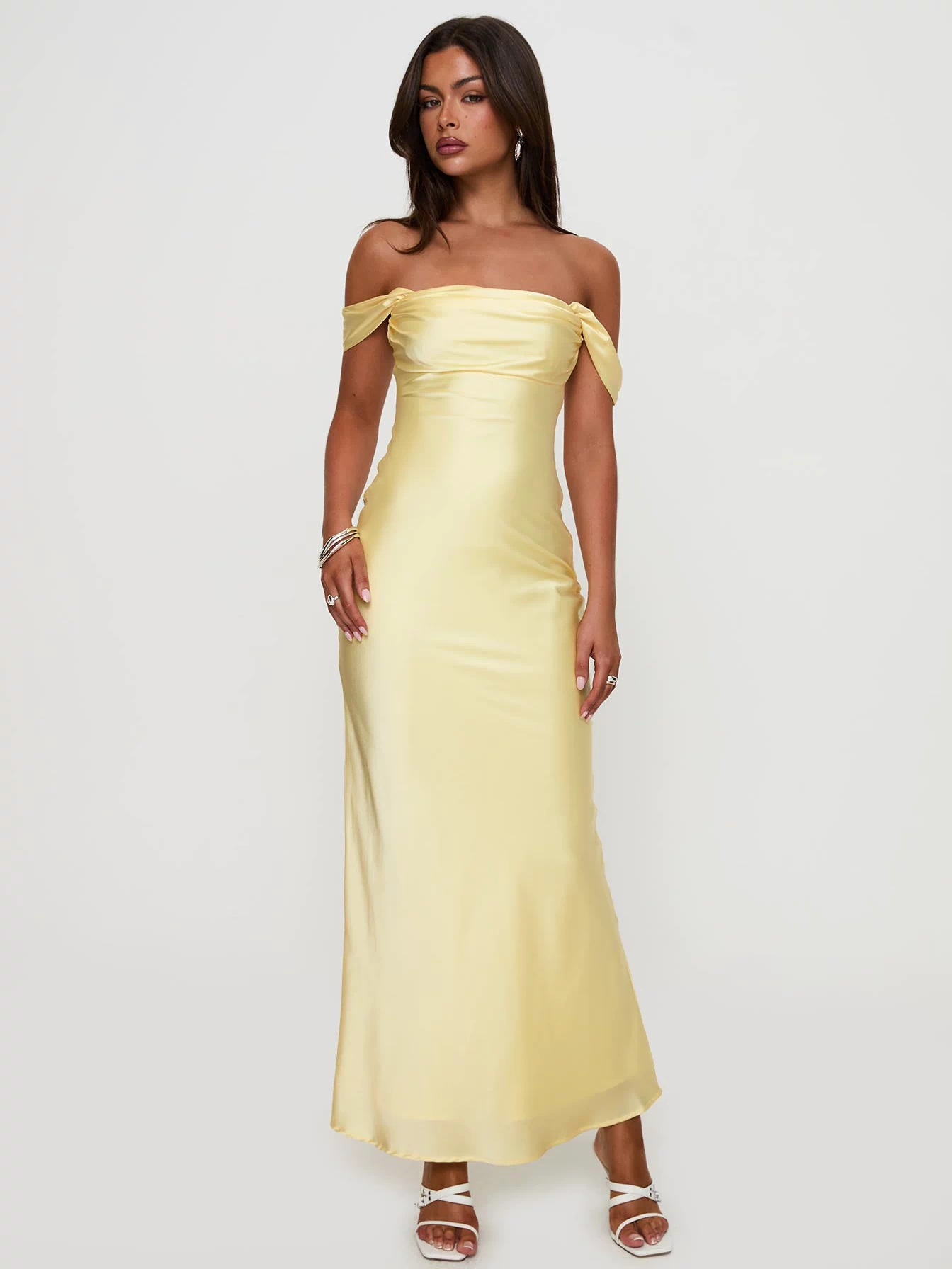 front view of model wearing Princess Polly Azura Off The Shoulder Maxi Dress Yellow Straight Neck 