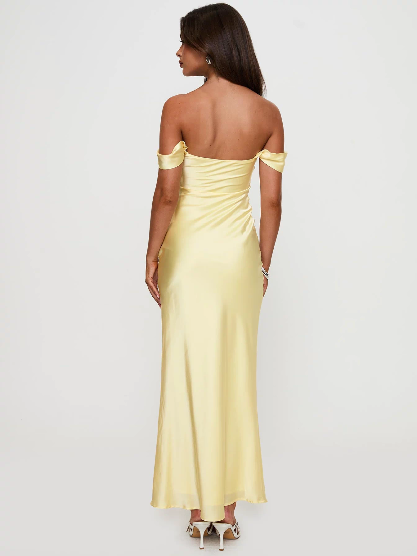 back view of model wearing Princess Polly Azura Off The Shoulder Maxi Dress Yellow Straight Neck 
