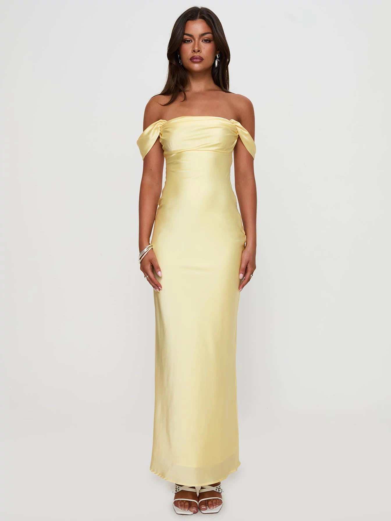 front view of model wearing Princess Polly Azura Off The Shoulder Maxi Dress Yellow Straight Neck 