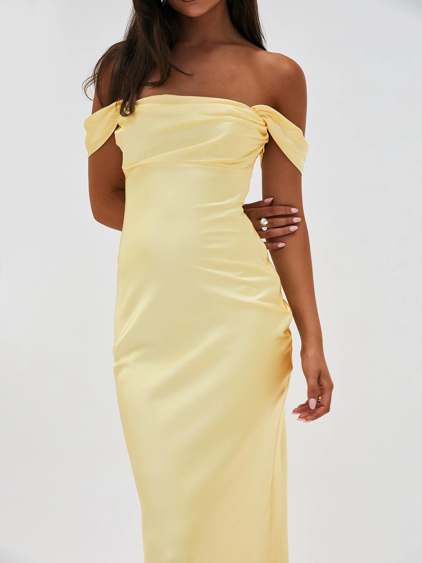 back view of model wearing Princess Polly Azura Off The Shoulder Maxi Dress Yellow Straight Neck 