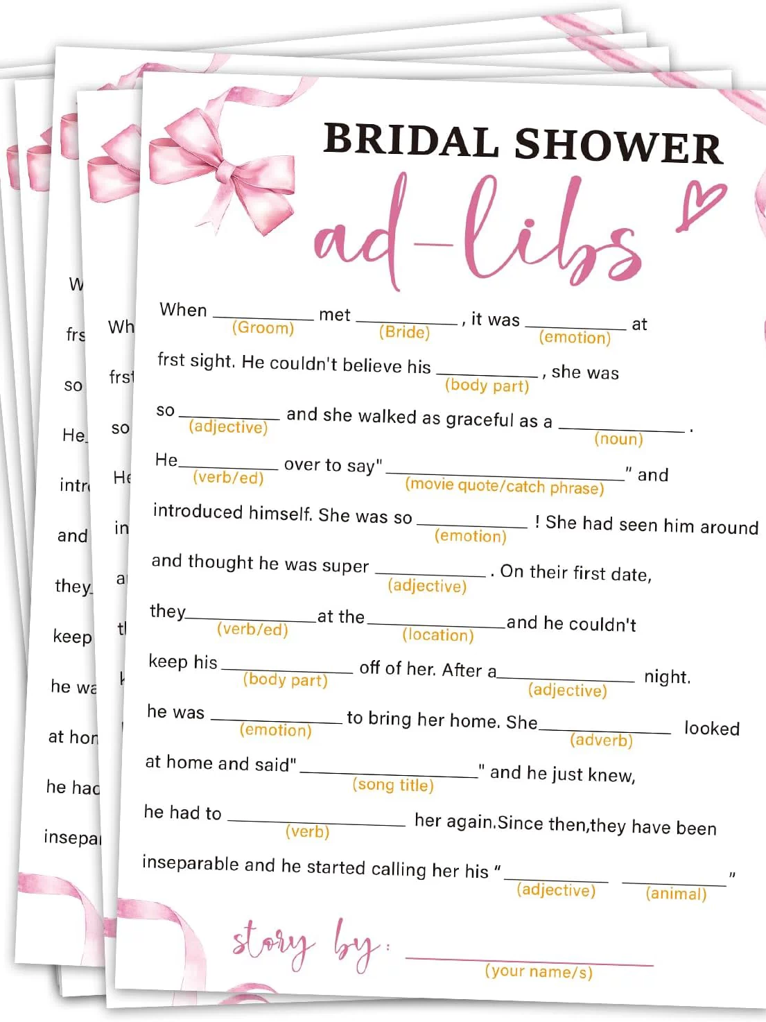 Bridal Shower Games 30 Guests, Ad-Libs Bridal Shower Wedding Games for Reception, Rehearsal Dinner Engagement Party Activities Game Card/HL 007