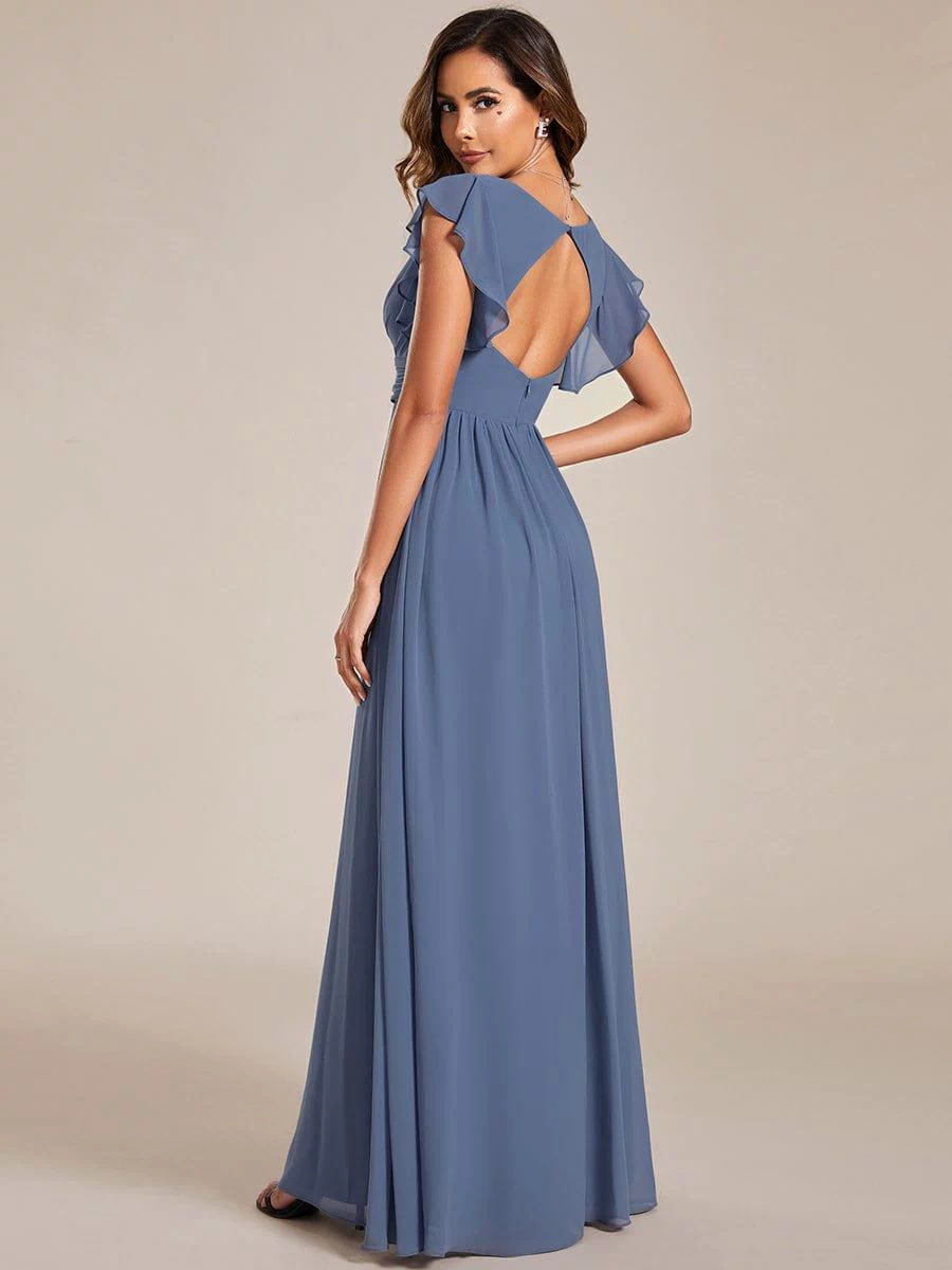 Back Cutout A-Line Pleated Ruffles Sleeve Chiffon Bridesmaid Dress #color_Dusty Blue