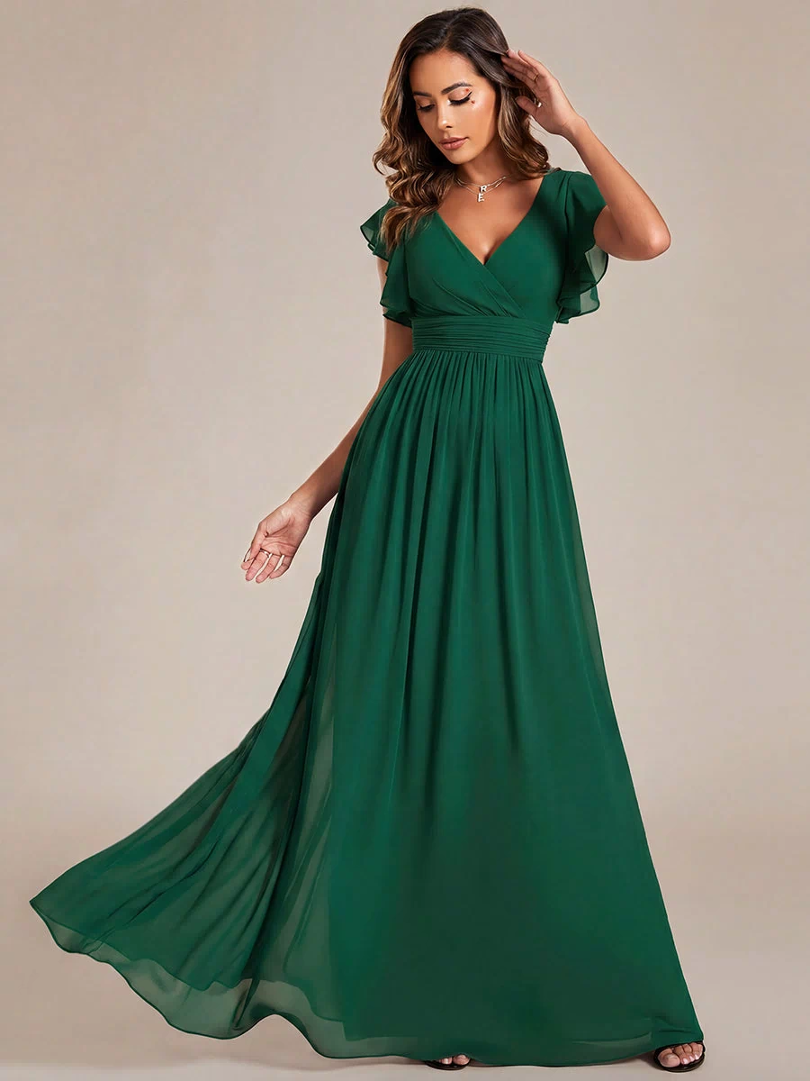 Back Cutout A-Line Pleated Ruffles Sleeve Chiffon Bridesmaid Dress #color_Dark Green