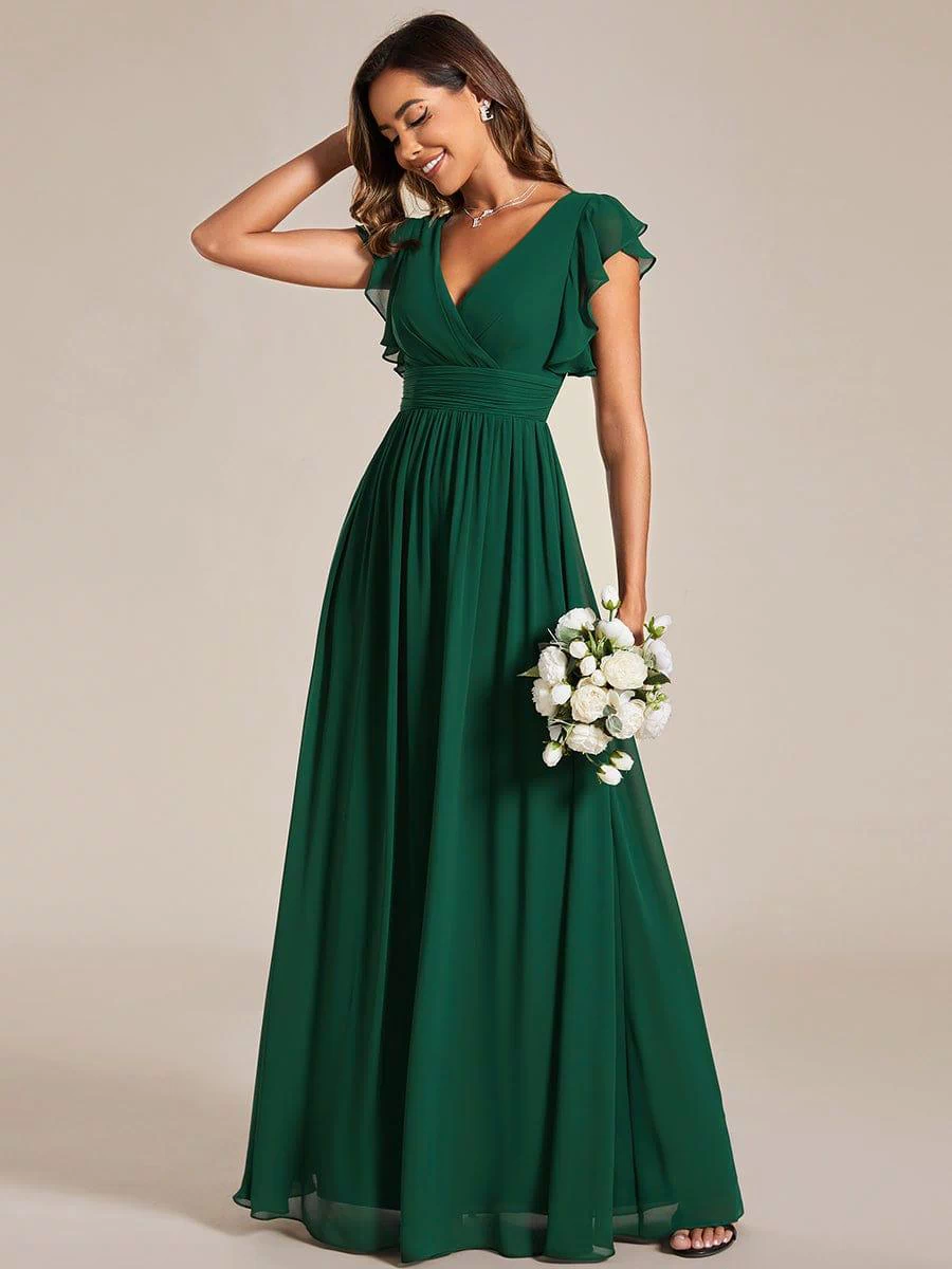 Back Cutout A-Line Pleated Ruffles Sleeve Chiffon Bridesmaid Dress #color_Dark Green