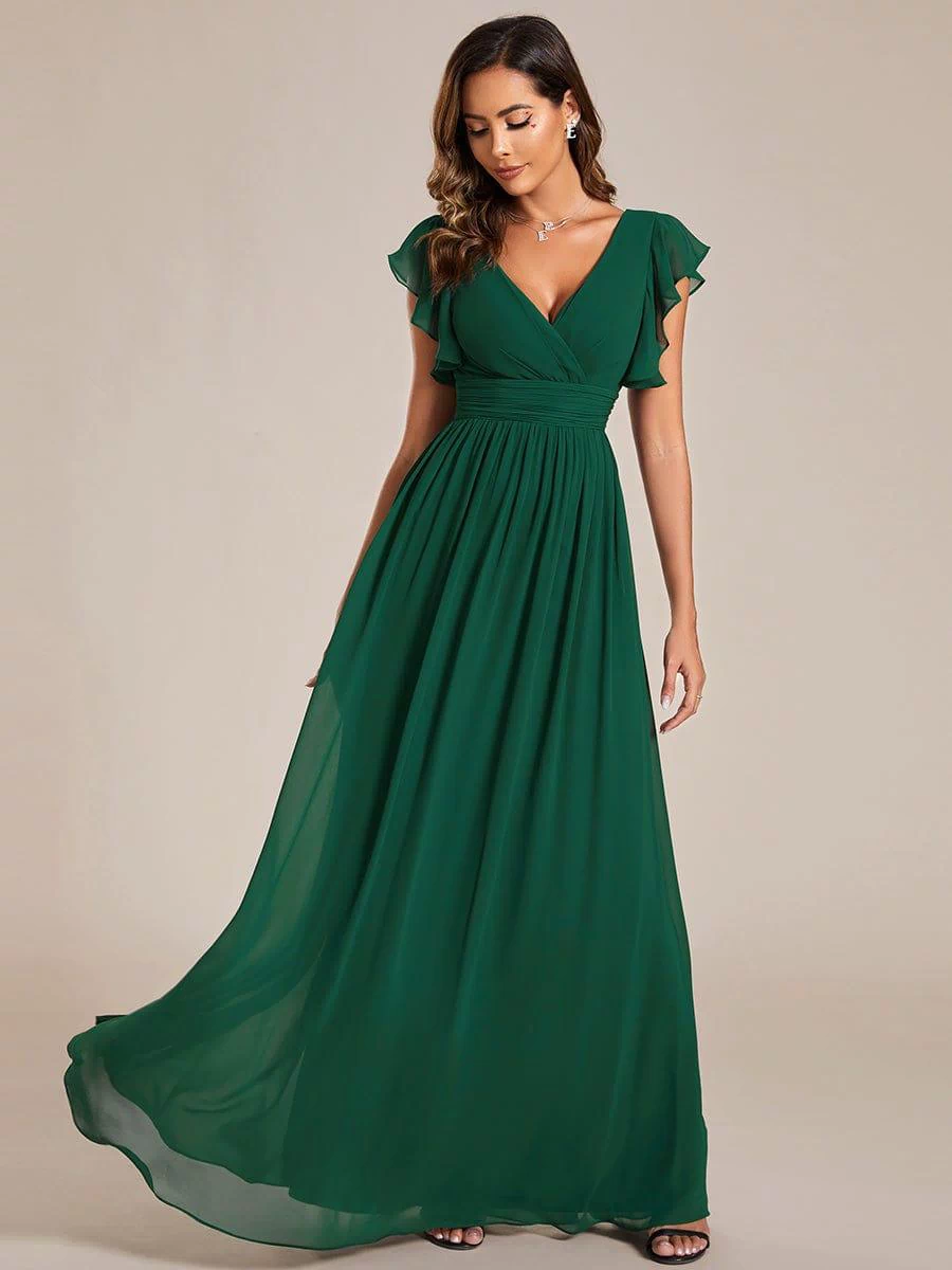Back Cutout A-Line Pleated Ruffles Sleeve Chiffon Bridesmaid Dress #color_Dark Green