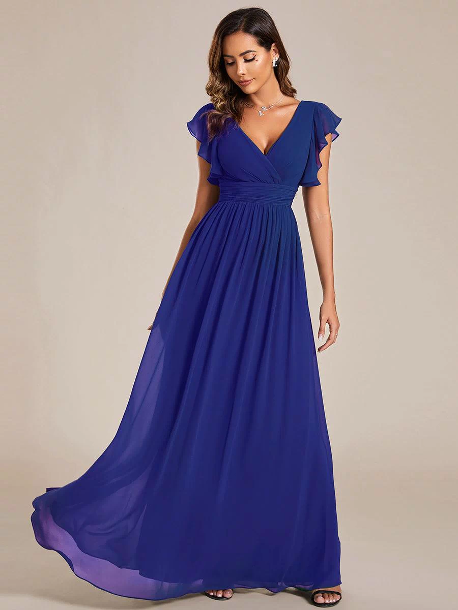Back Cutout A-Line Pleated Ruffles Sleeve Chiffon Bridesmaid Dress #color_Sapphire Blue