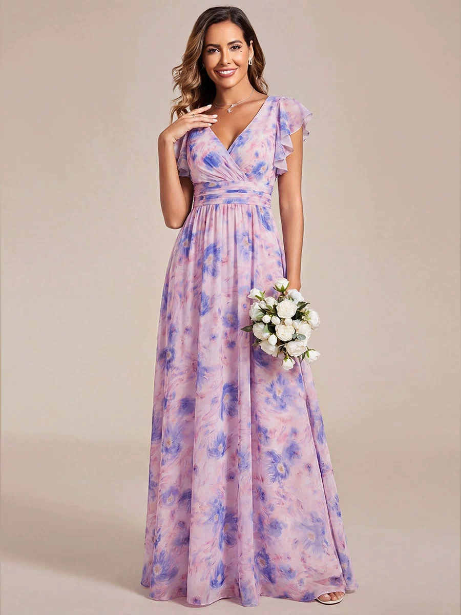 Pleated Chiffon Ruffle Sleeve Bridesmaid Dress #color_Azure Bream