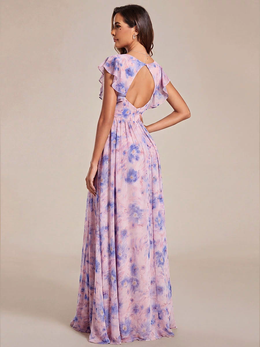 Pleated Chiffon Ruffle Sleeve Bridesmaid Dress #color_Azure Bream