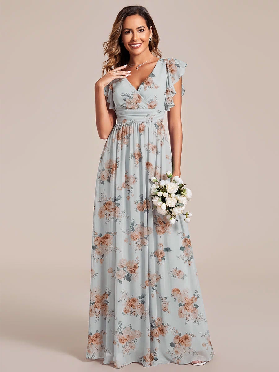 Pleated Chiffon Ruffle Sleeve Bridesmaid Dress #color_Amber Bloom