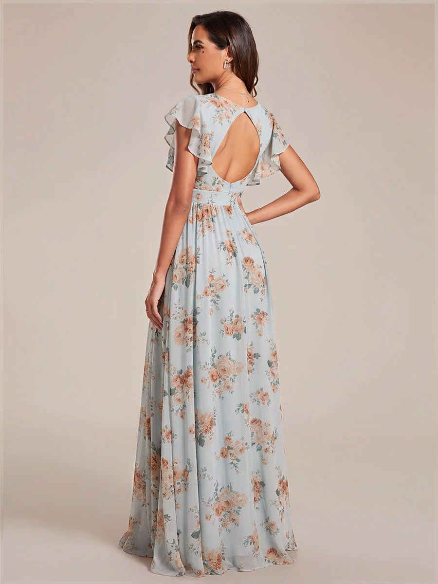 Pleated Chiffon Ruffle Sleeve Bridesmaid Dress #color_Amber Bloom