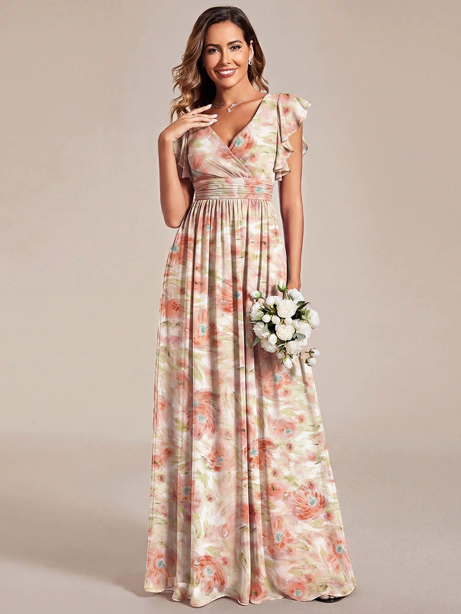Pleated Chiffon Ruffle Sleeve Bridesmaid Dress #color_Rosewood Mist