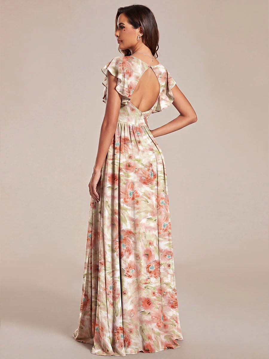 Pleated Chiffon Ruffle Sleeve Bridesmaid Dress #color_Rosewood Mist