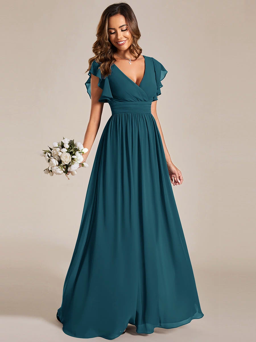 Back Cutout A-Line Pleated Ruffles Sleeve Chiffon Bridesmaid Dress #color_Teal